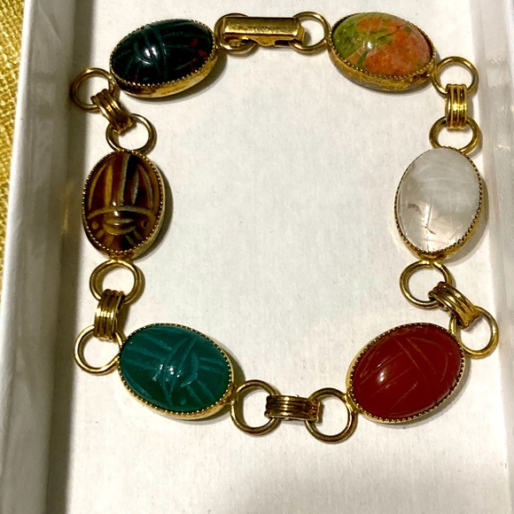 B.A. Ballou Vintage 1950's Vermeil 6 Oval Hardstone Scarab Link Bracelet 7" - Picture 12 of 14